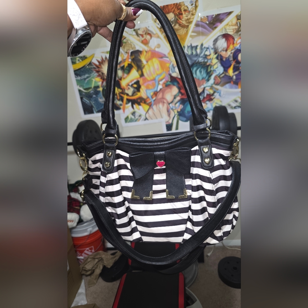 Betsey Johnson Black and White Striped Handbag with Bow